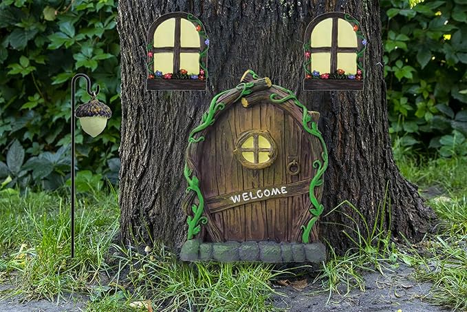 Resin Miniature Fairy Gnome Home Windows and Welcome Door with Fairy Lantern,Glow in Dark Art Sculpture for Trees Outdoor Indoor Garden Yard Wall Decorations-VerdiqueGarden