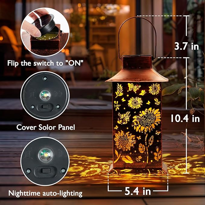 Homemory Sunflower Solar Lanterns Waterproof, Metal Hanging Hollowed-Out Metal Decor Lantern, LED Outdoor Decoration for Outside LED Lanternse for Yard, Backyard, Porch, Lawn-VerdiqueGarden
