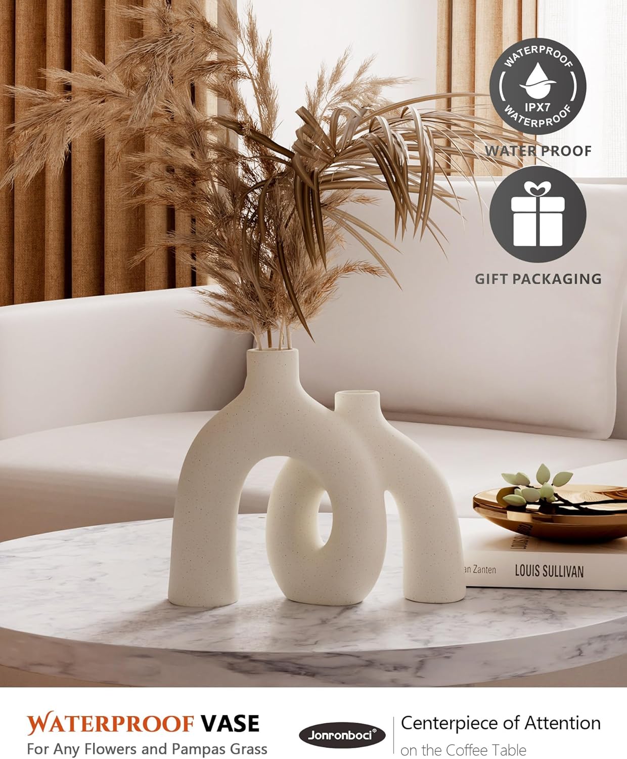 Hug Donut Decorative Vase Set - Modern Nordic Boho Style Vases Home Decor, Matte Ceramic Decorations for Living Room Shelf, Bookshelf Mantle Entryway Table or Console Décor (Cream White)-VerdiqueGarden