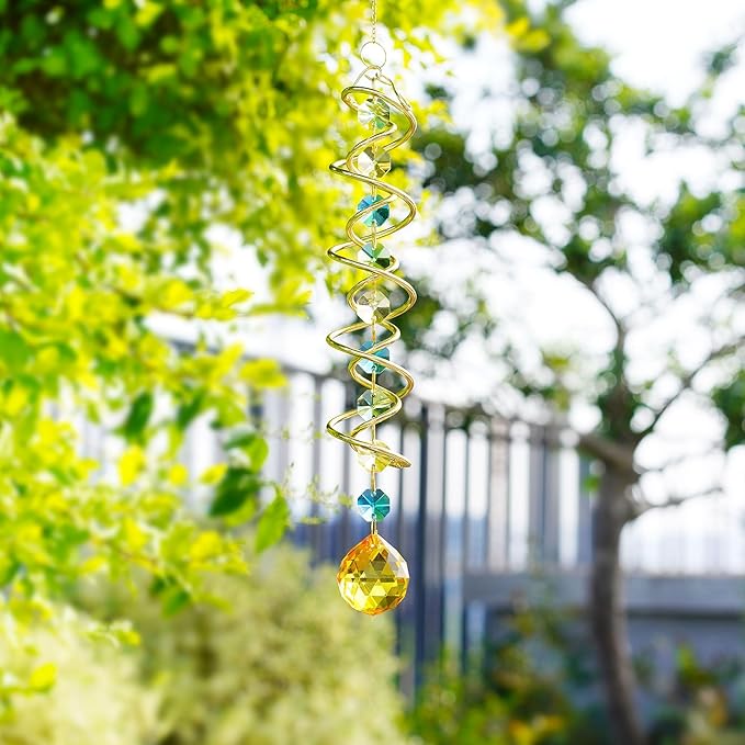H&D HYALINE & DORA Glass Gazing Ball Spiral Tail Decorative Sun Catcher,17.7in Rainbow Maker Double-Spiral W/Yellow Crystal Ball Prism Sun Catcher for Indoor Outdoor Garden Decoration-VerdiqueGarden