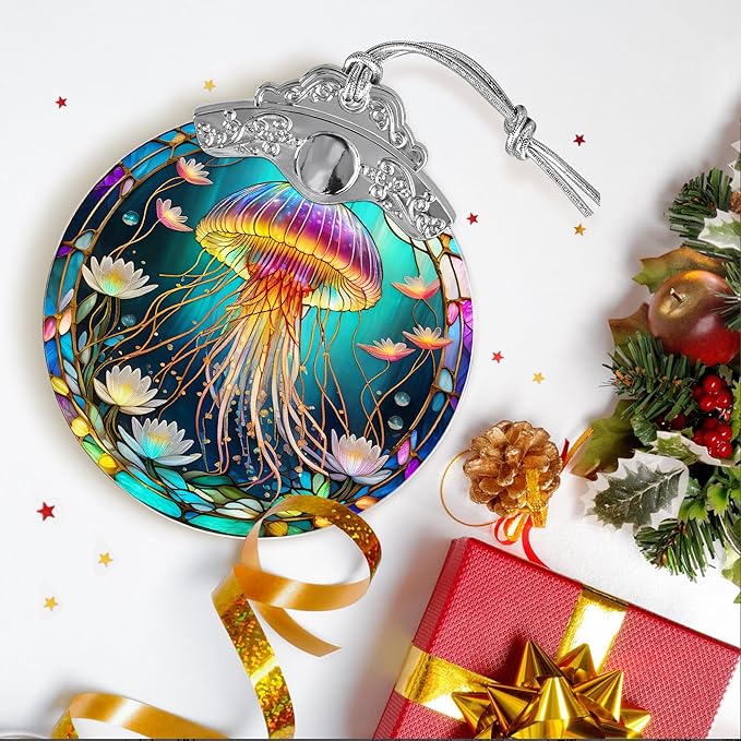 Stained Glass Suncatcher, Jocidea Jellyfish Ornament, Christmas Ornaments, Holidays Ornaments, Christmas Tree Decor, Jellyfish Decor for Home, Jellyfish Gifts-VerdiqueGarden