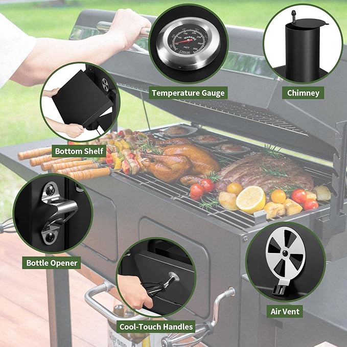 Kenadne Charcoal Grill Outdoor BBQ Grill, Extra Large Cooking Area 794 Square Inches with Two Individual & Adjustable Charcoal Tray, Foldable Side Tables for Outdoor Cooking grill Backyard-VerdiqueGarden