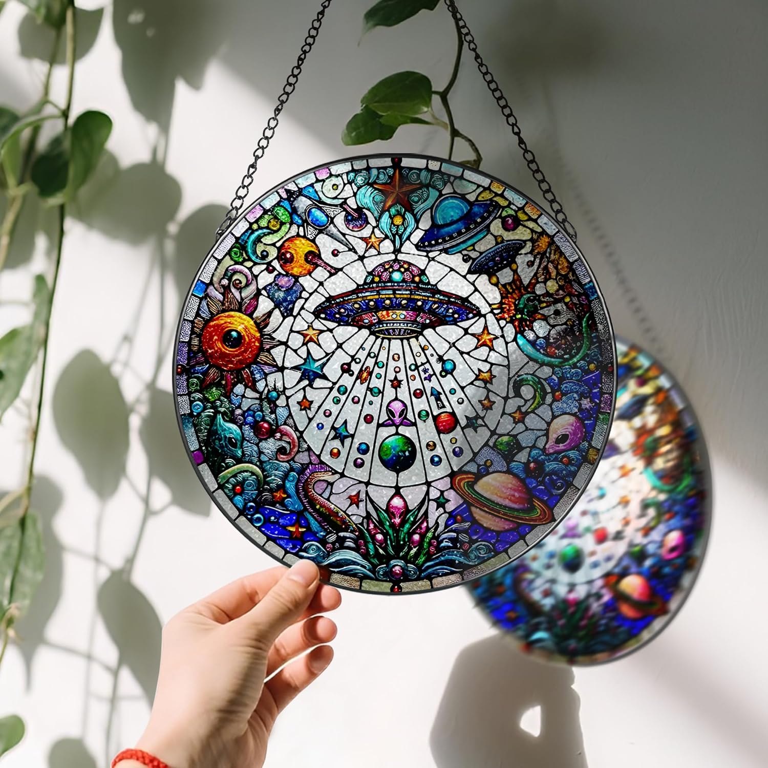 Stained Glass Window Hanging, LAOWEIKI 8'' UFO&Alien Suncatcher, Stained Glass Ornament, Suncatchers for Windows Hanging, Window Decor, Outdoor or Indoor, Gifts for Friends, Art Lover, Astronomer-VerdiqueGarden