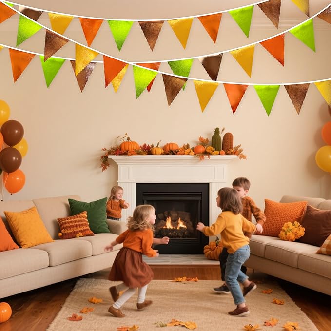 Fall Party Decorations Orange Green Gold Brown Metallic Fabric Triangle Pennant Flag Bunting Banner for Fall Autumn Thanksgiving Wedding Birthday Baby Shower Bridal Shower Engagement Party Supplies-VerdiqueGarden