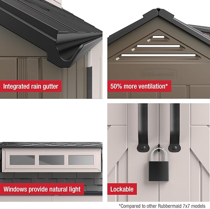 Rubbermaid Large Resin Outdoor Storage Shed With Floor (7 x 7 Ft.), Weather Resistant, Brown, Organization for Home/Lawn Mower/Backyard Equipment/Bike Storage/Pool Supplies-VerdiqueGarden