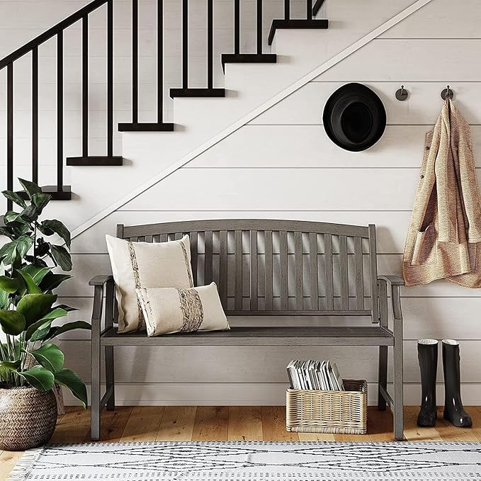 Grand patio 52" Farmhouse Outdoor Bench, Garden Benches with Rust Free Metal Powder Coated Frame and Aluminum Backrest, Faux Wood Grain Finish Frame Patio Bench for Front Porch, Weathered Grey-VerdiqueGarden