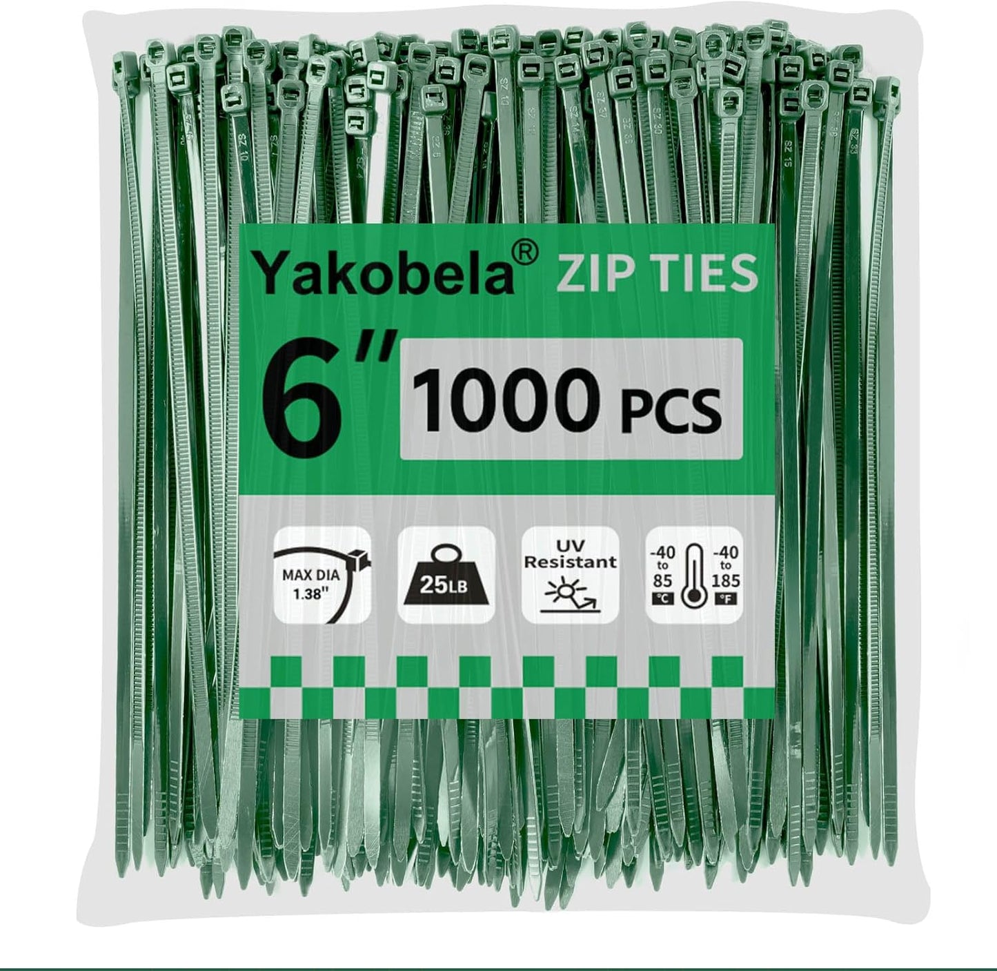 Green Zip Ties 6", 1000 Pack, Cable Ties UV Resistant, Wire Ties 25 lbs Tensile Strength for Garden, Plants, Holiday Lights, Yakobela-VerdiqueGarden