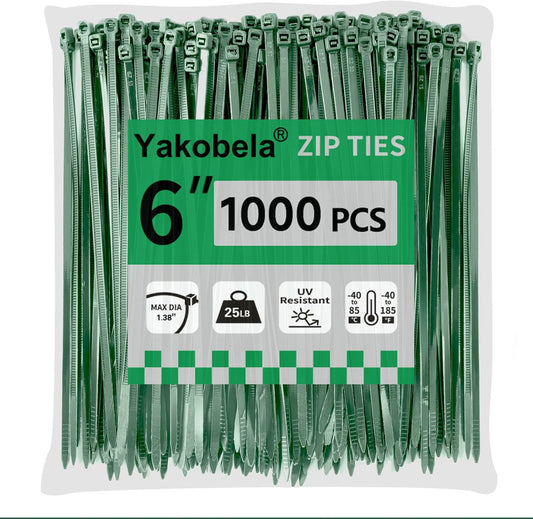 Green Zip Ties 6", 1000 Pack, Cable Ties UV Resistant, Wire Ties 25 lbs Tensile Strength for Garden, Plants, Holiday Lights, Yakobela-VerdiqueGarden