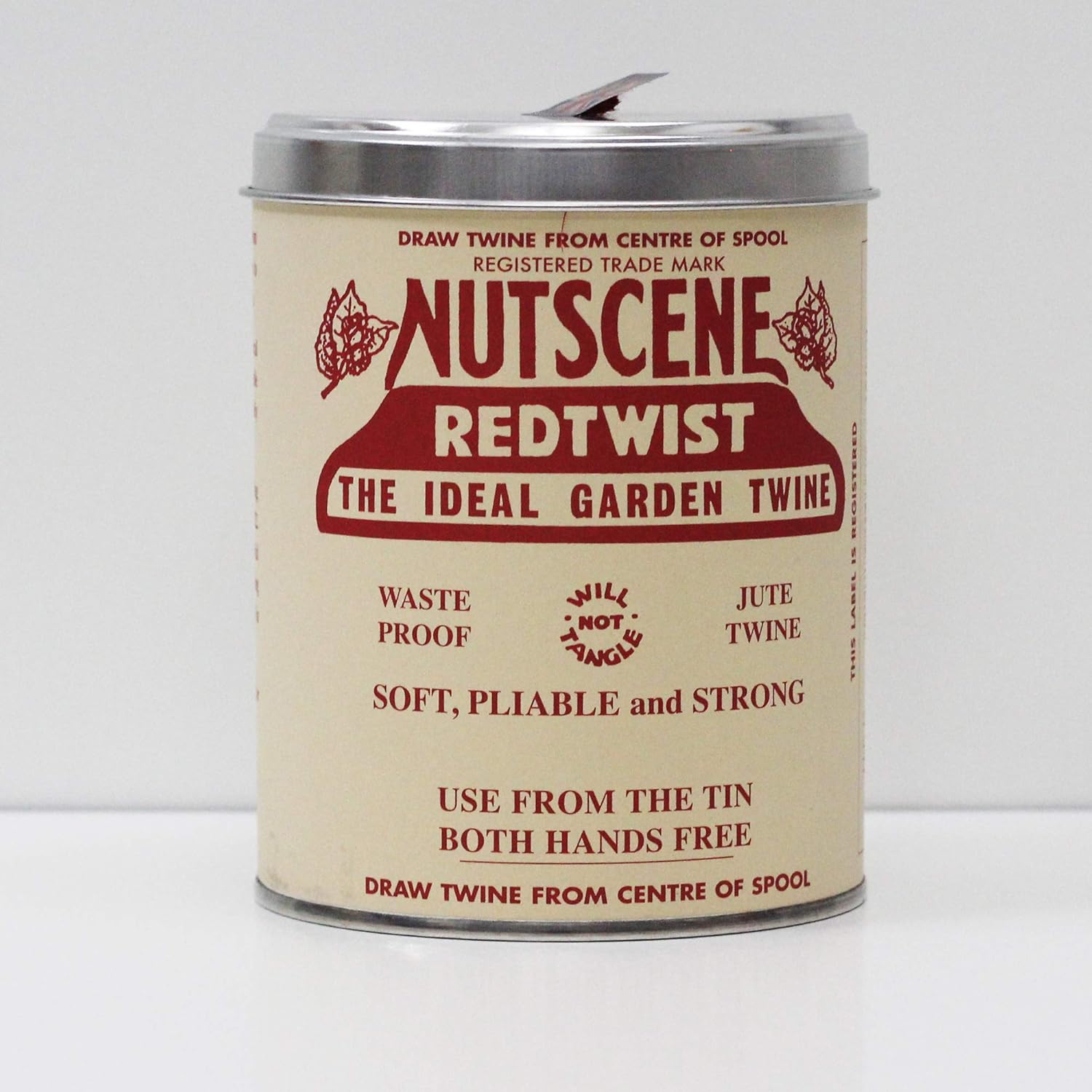 NUTSCENE Iconic Tin (Tin ‘O’ Twine) with Their Heritage Scottish Jute Twine and Hole in Top for Easy Dispensing. 14 Colors to Choose from. 164 Yards. (Red)-VerdiqueGarden