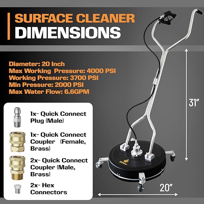 EDOU 20-Inch Dual Handle Pressure Washer Surface Cleaner, Wheels - Heavy Duty Composite Surface Pressure Washer - 4000 PSI Max - Includes 3/8-Inch Quick Connector Kit, Teflon Tape, Adapter Set-VerdiqueGarden