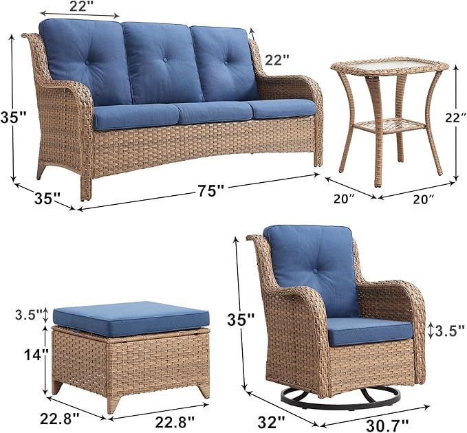 Outdoor Wicker Patio Furniture Set - 6 Piece Rattan Patio Conversation Set with 2 Rocking Swivel Chairs,2 Ottomans,1 Sofa and 1 Side Table for Porch Deck Backyard Garden(Yellow/Blue)-VerdiqueGarden