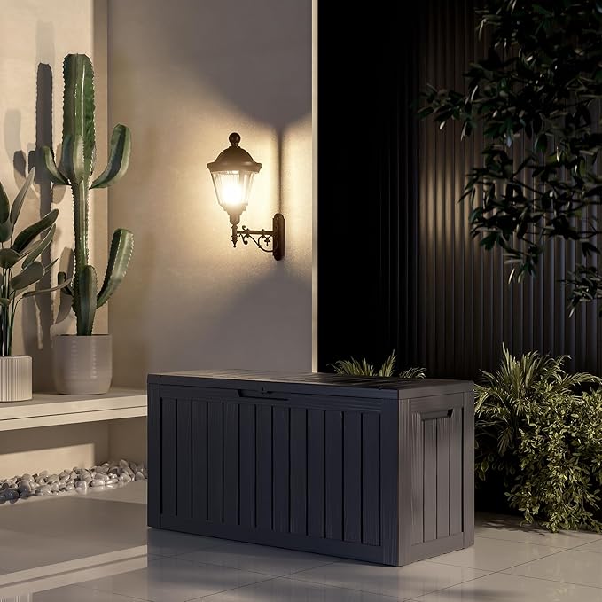 80 Gallon UV Resistant Outdoor Storage Box Waterproof, Lockable Resin Deck Box for Garden Tools, Sports Equipment and Cushions, Black-VerdiqueGarden