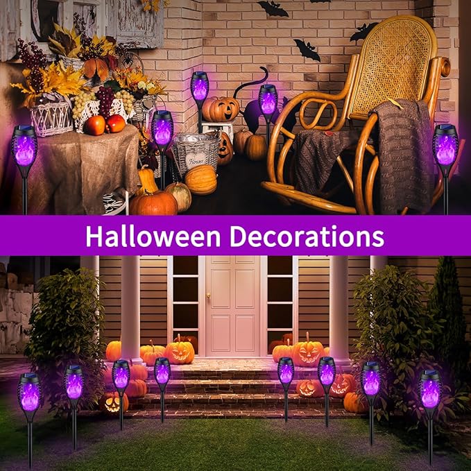 8Pack Halloween Decorations Outdoor, Halloween Solar Lights with Purple Flame for Halloween Decor, Waterproof Halloween Lights Outdoor, Solar Pathway Lights for Lawn Outside Halloween Yard Decorations-VerdiqueGarden