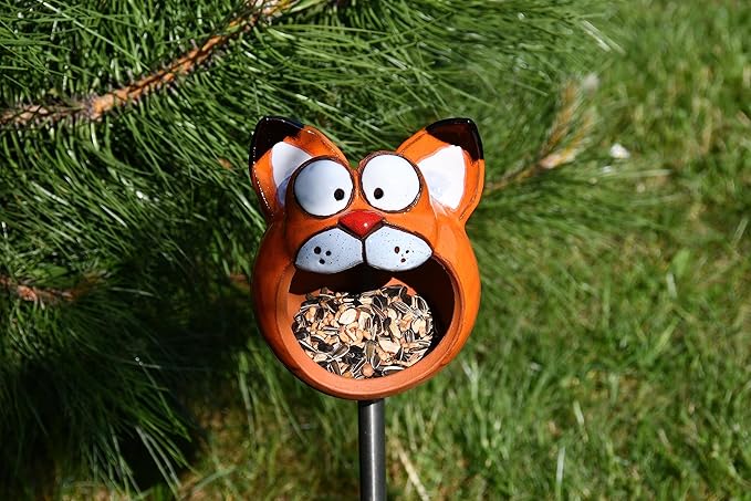 Ceramic Garden Decor - Cat Lawn Stake - Bird Feeder - Outdoor Statue - Perfect, Unique Gifts for Gardeners Woman, Men - Handmade, Frostproof-VerdiqueGarden