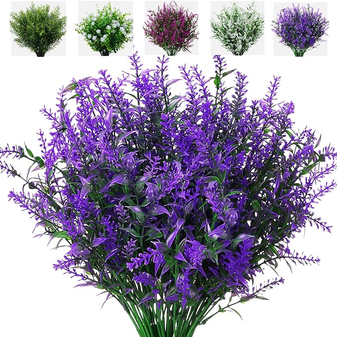 8 Pack Artificial Plants Flowers Grass Shrubs Lavender No Fade Faux Plastic Flowers Outdoor for Farmhouse Garden Porch Patio Indoor Wedding Decoration Greenery Fake Plants uv Resistant-VerdiqueGarden