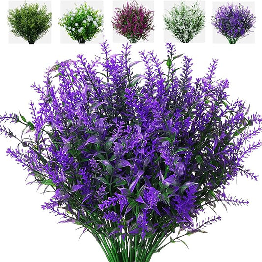 8 Pack Artificial Plants Flowers Grass Shrubs Lavender No Fade Faux Plastic Flowers Outdoor for Farmhouse Garden Porch Patio Indoor Wedding Decoration Greenery Fake Plants uv Resistant-VerdiqueGarden