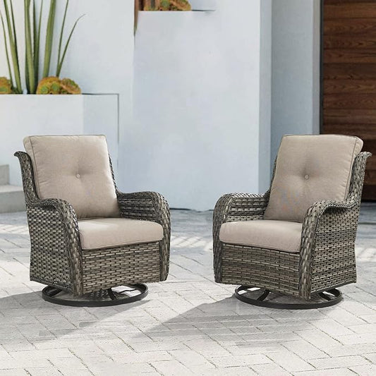 Outdoor Patio Swivel Rocker Chairs - Wicker Rattan Patio Swivel Rocking Chairs Set of 2 with High Back,Deep Seating and Comfort Cushions for Deck Porch Garden,Mixed Grey/Grey-VerdiqueGarden