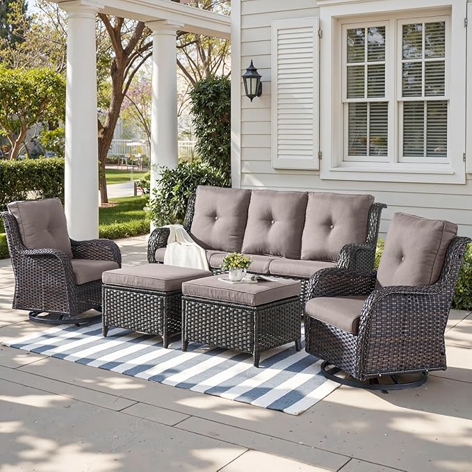 Outdoor Wicker Patio Furniture Set - 5 Piece Rattan Patio Conversation Set with 2 Rocking Swivel Chairs,2 Ottomans and 1 Sofa for Porch Deck Backyard Garden(Brown/Grey)-VerdiqueGarden