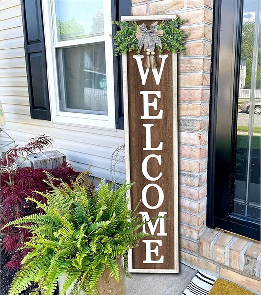 Surfapans Welcome Sign for Front porch Standing 45"X9"Large Wood Frame Outdoor Tall Welcome Signs Vertical Decor for Farmhouse Rustic Home Modern Outside Front Door Wall Decorations (White Wood)-VerdiqueGarden