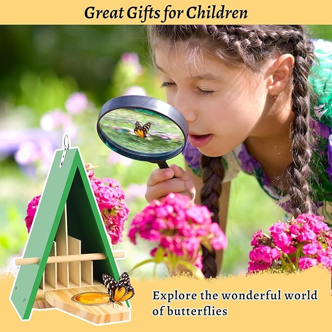 2025 New Butterfly House and Feeder for Outside, Wooden Butterfly House with Metal Stake for Garden, Natural Butterfly Habitat with Butterfly Puddler on The Floor or Hanging on Tree Wall-VerdiqueGarden