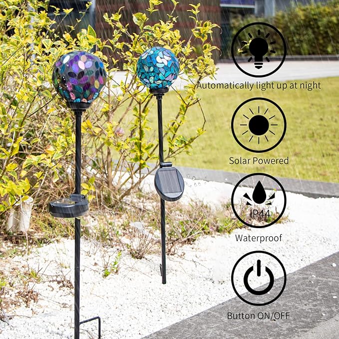 VCUTEKA Solar Garden Decorative Lights Outdoor, Mosaic Solar Light Waterproof LED Pathway Stake Light for Landscape Patio Yard Deck Walkway Decoration, 2 Pack （Blue&Purple）-VerdiqueGarden