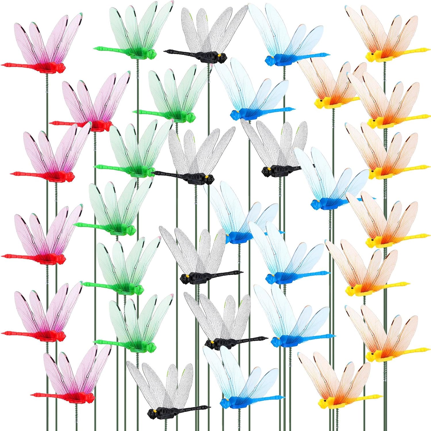 Leinuosen 100 Pcs 3.35" 3D Dragonfly Garden Stakes, Long Dragonfly Stakes Garden Decor Indoor Outdoor Yard Ornaments Flower Pot Patio Decoration(Red, Yellow, Blue, Green, Black)-VerdiqueGarden