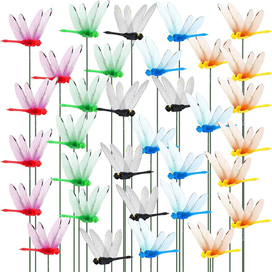 Leinuosen 100 Pcs 3.35" 3D Dragonfly Garden Stakes, Long Dragonfly Stakes Garden Decor Indoor Outdoor Yard Ornaments Flower Pot Patio Decoration(Red, Yellow, Blue, Green, Black)-VerdiqueGarden