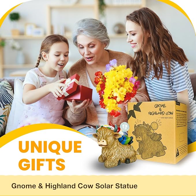 Solar Highland Cow Gnome Garden Decor Statue, Outdoor Funny Solar Light Decoration for Yard, Patio, Lawn, Unique Housewarming, Birthday Gift for Women, Mom, Grandma-VerdiqueGarden