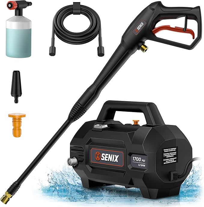 SENIX 13 Amp Electric Pressure Washer - 2100 PSI MAX, 1.2 GPM, Compact with Foam Cannon, Spray Gun, 20-ft Hose, Turbo Nozzle, and 15° Spray Nozzles - Perfect for Cars and Driveways-VerdiqueGarden