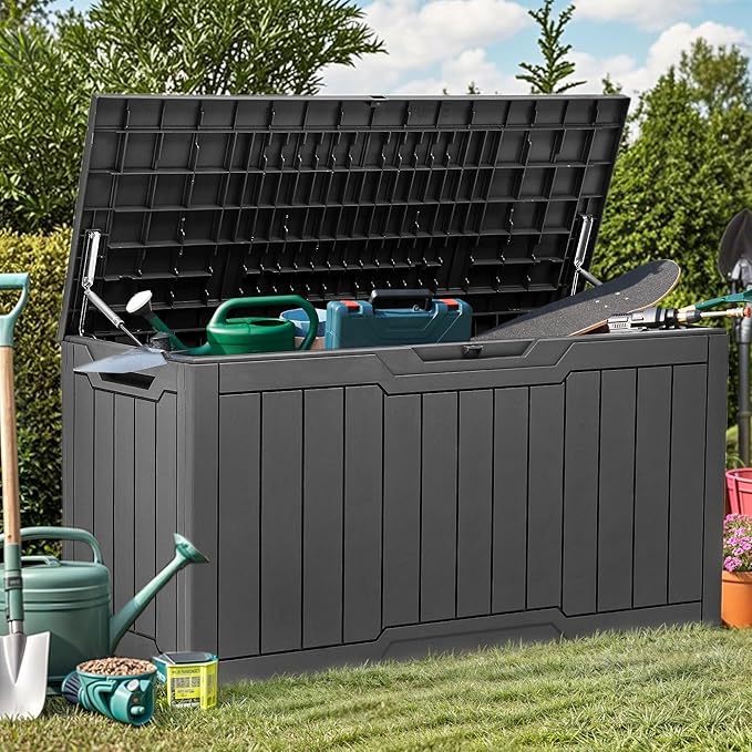 YITAHOME 80 Gallon Outdoor Storage Box, Large Water Resistant Resin Deck Box, Indoor Outdoor Lockable Storage Container for Patio, Garden, Cushions, Tools, Equipment (Dark Gray)-VerdiqueGarden