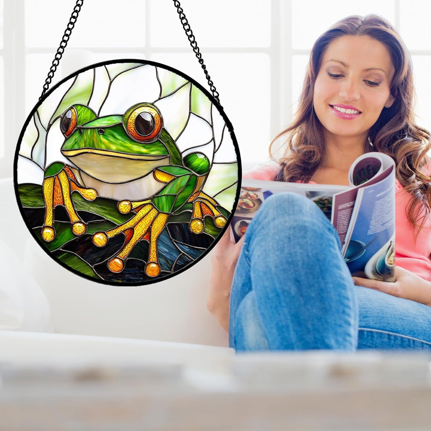 Stained Glass Window Hanging, Green Frog White Petals Sun Catchers Colorful Glass Panel Cute Suncatcher Decor for Birthday for Women, Men, Wife, Aunt, and Mom 14.9x14.9 in-VerdiqueGarden