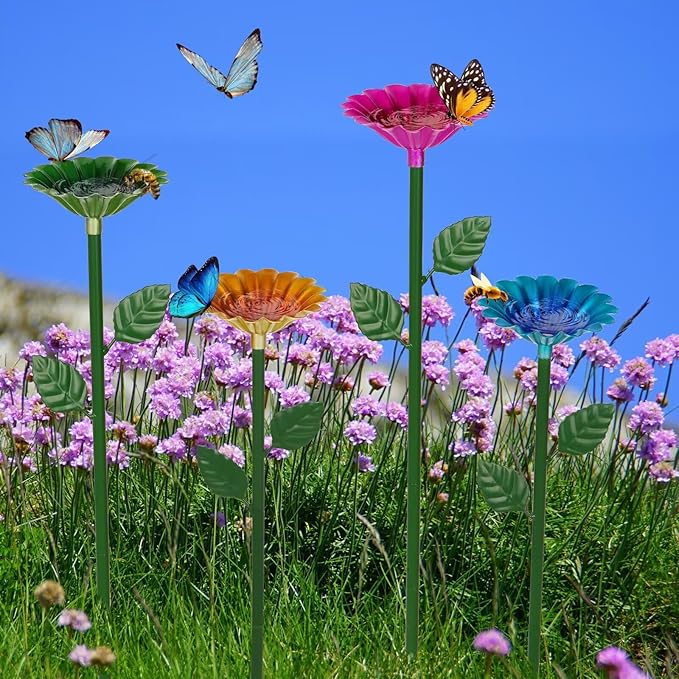 4 Pack Bee Watering Station, Bee Bath for Garden Metal Bee Water Feeder with Flower Design, Colorful Butterfly Bee Bath Bowl for Outdoor Garden Yard Decor (Red,Green,Blue,Yellow)-VerdiqueGarden