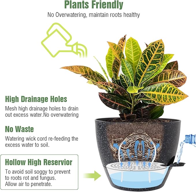 10/9/8 inch Self Watering Pots, Set of 3 Plastic Planters with Mesh Drainage Holes and Deep Reservoir for Indoor Outdoor Garden Plants and Flowers, Black Speckles-VerdiqueGarden