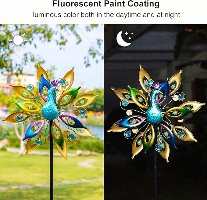 DREAMYSOUL 15.7" D*65”H Metal Peacock Wind Spinners Double Sided Kinetic Wind Sculptures Outdoor Metal Windmill for Garden Yard Decor-VerdiqueGarden
