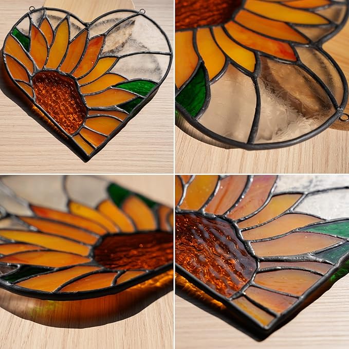 BOXCASA Sunflower Stained Glass Window Hangings,Sunflower Stained Glass Suncatcher,Heart Shape Sunflower Best Teacher Gifts for Women Birthday,Sunflower Decoration for Home Indoor Window-VerdiqueGarden