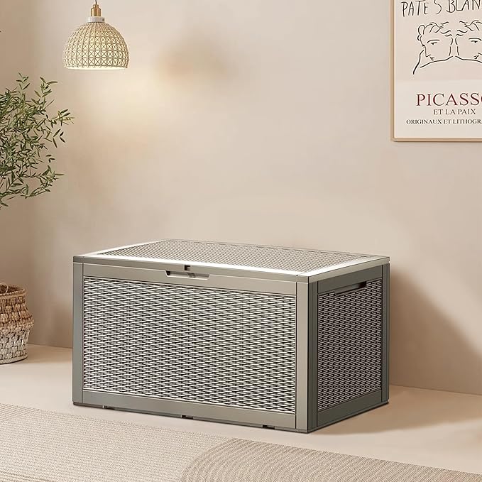 100 Gallon Resin Deck Box, Waterproof Outdoor Storage Bin for Patio Furniture, Pool Accessories, and Garden Tools, Lockable & UV-Resistant, Grey-VerdiqueGarden