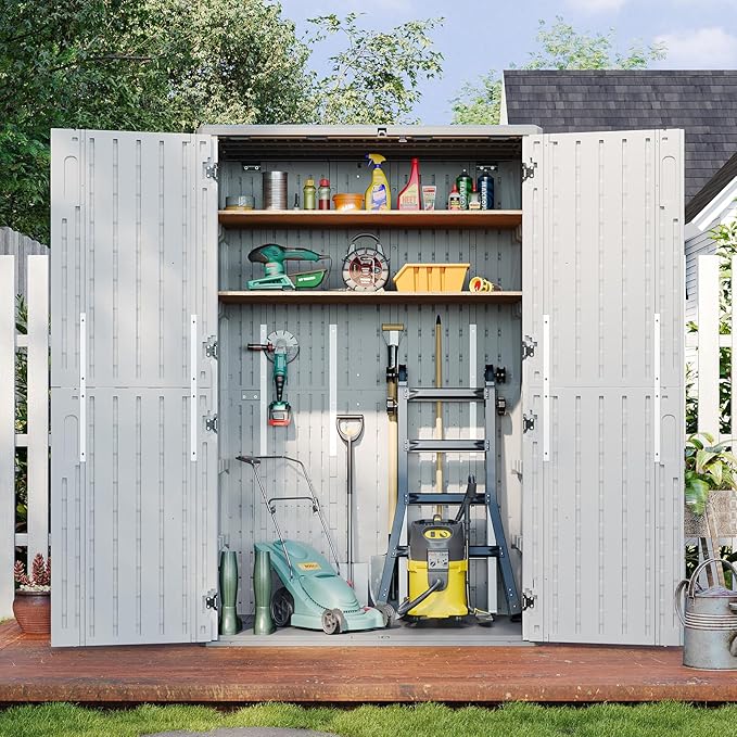 Aoxun Outdoor Storage Shed, 64 Cu.Ft Vertical Storage Sheds Outdoor with Floor, Outdoor Waterproof Storage Cabinet for Garage Storage, Pool Storage, Bike Shed, Garden Shed (White)-VerdiqueGarden