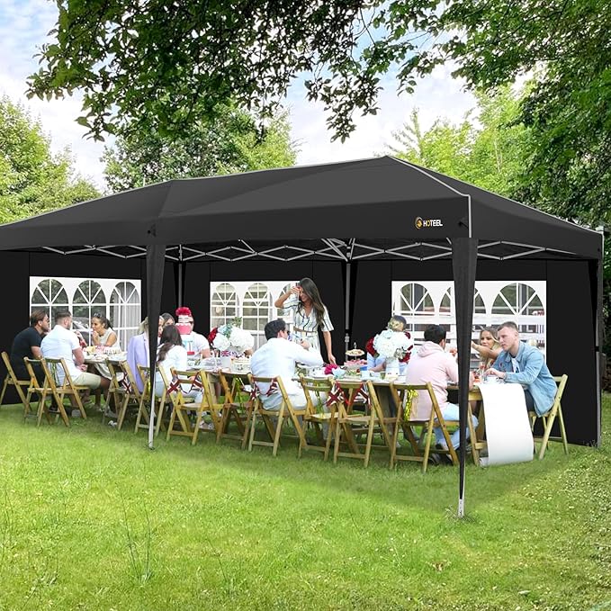 HOTEEL 10x20 Pop up Canopy with 6 Sidewalls, One Push Instant Setup Outdoor Canopy Tent with Reinforce Rod, Weight Bag, for Parties, Events, Black-VerdiqueGarden