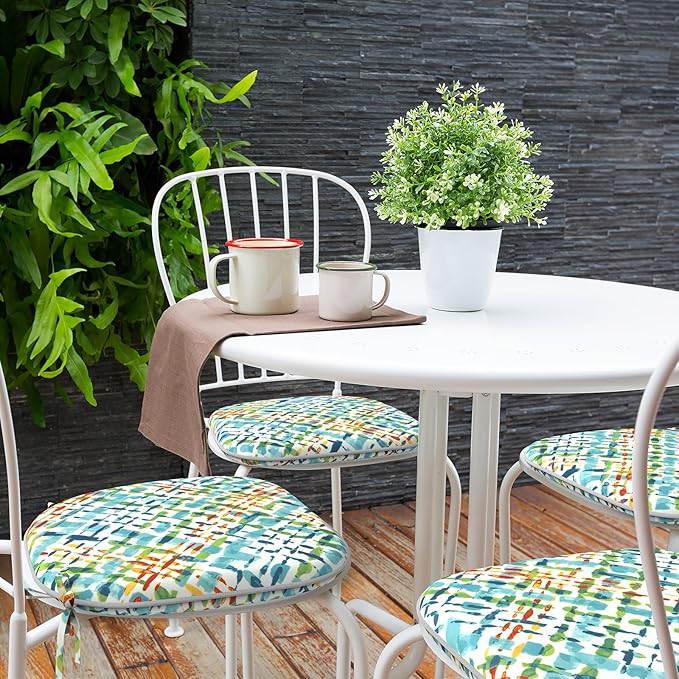 Indoor/Outdoor Chair Cushions 16x17 Inch, Patio Chair Cushions with Ties, All Weather Seat Cushions for Patio Furniture Home Garden Chair Use, Set of 4,Acapa Opal Geometric-VerdiqueGarden