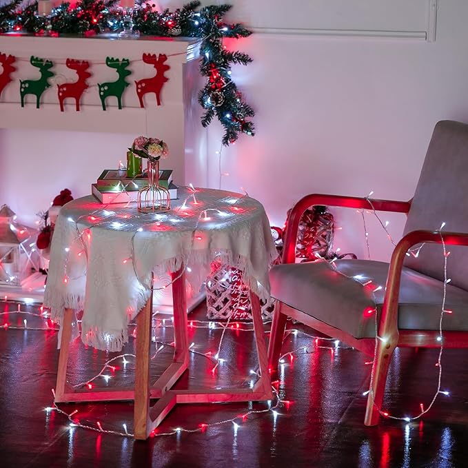 JMEXSUSS Connectable Red and White Christmas Lights, 8 Modes 100 LED Twinkle String Lights Indoor, Clear Wire Plug-in Christmas String Lights Outdoor Waterproof-VerdiqueGarden