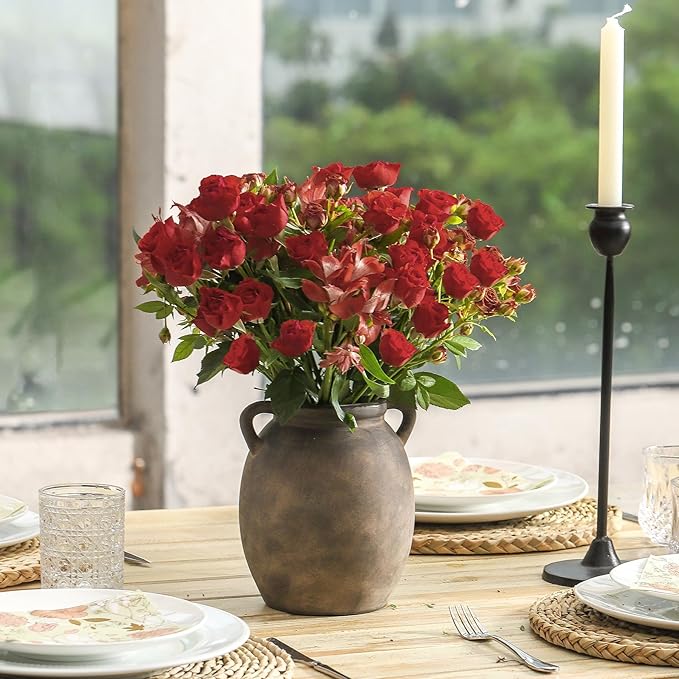 Ceramic Flower Vase 7.6 inch Farmhouse Rustic Vase Decorative Pottery Terracotta Vases for Home Decor Table Mantle Fireplace Living Room Bathroom Wedding Centerpiece (Black)-VerdiqueGarden