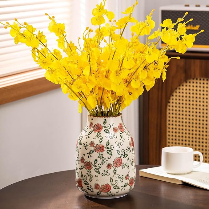 Green and Beige Vintage Round Vase, Red Rose Chinoiserie Floral Vase, Farmhouse Antique Decorative Ceramic Flower Vases for Bouquet, Home Decor, Living Room, Bookshelf, Office, Tuscan Decor 7.8 Inch-VerdiqueGarden