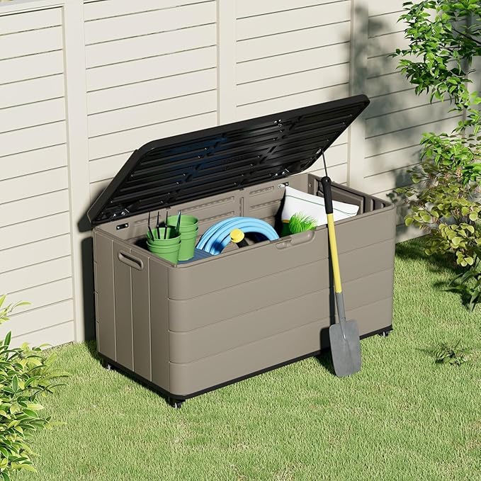 100GAL Brown Wicker-Textured Deck Box with Wheels – Lockable, Waterproof, UV-Resistant, Spacious Storage for Patio & Garden Supplies, Easy Handling-VerdiqueGarden