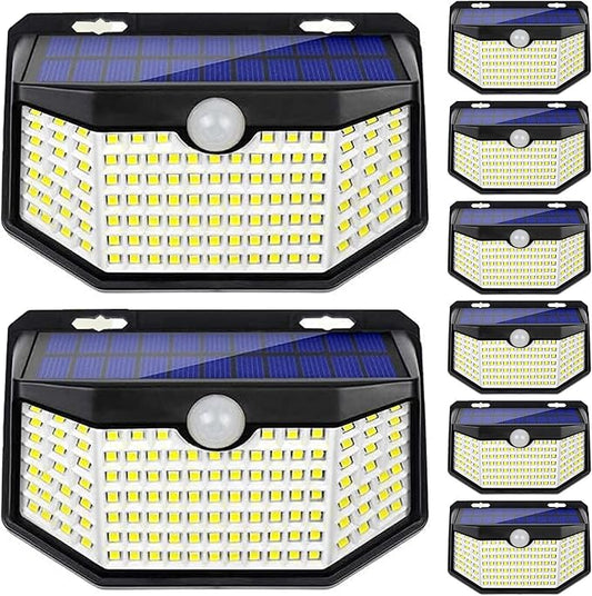 HMCITY 120 LED Outdoor Solar Lights with Motion Sensor and 3 Lighting Modes, IP65 Waterproof Wide Solar Wall Lights Ideal for Garden Patio Yard (Front Button 8Packs, Daylight White)-VerdiqueGarden