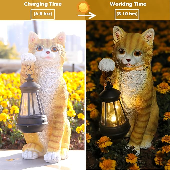 Cat Statues for Garden - Solar Powered Outdoor Cat Garden Statue, Crafted Garden Sculptures & Statues for Patio, Yard, Lawn, Gardening Gifts for Women and Mom(11" Cat)-VerdiqueGarden