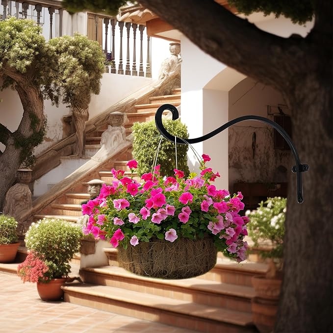 Hourleey 2 Pack Plant Hanger Outdoor, 12 Inch Heavy-Duty Hanging Plant Hook for Outside Basket, Black Metal Wall Mount Plant Bracket Hook for Flower Baskets Bird Feeder-VerdiqueGarden