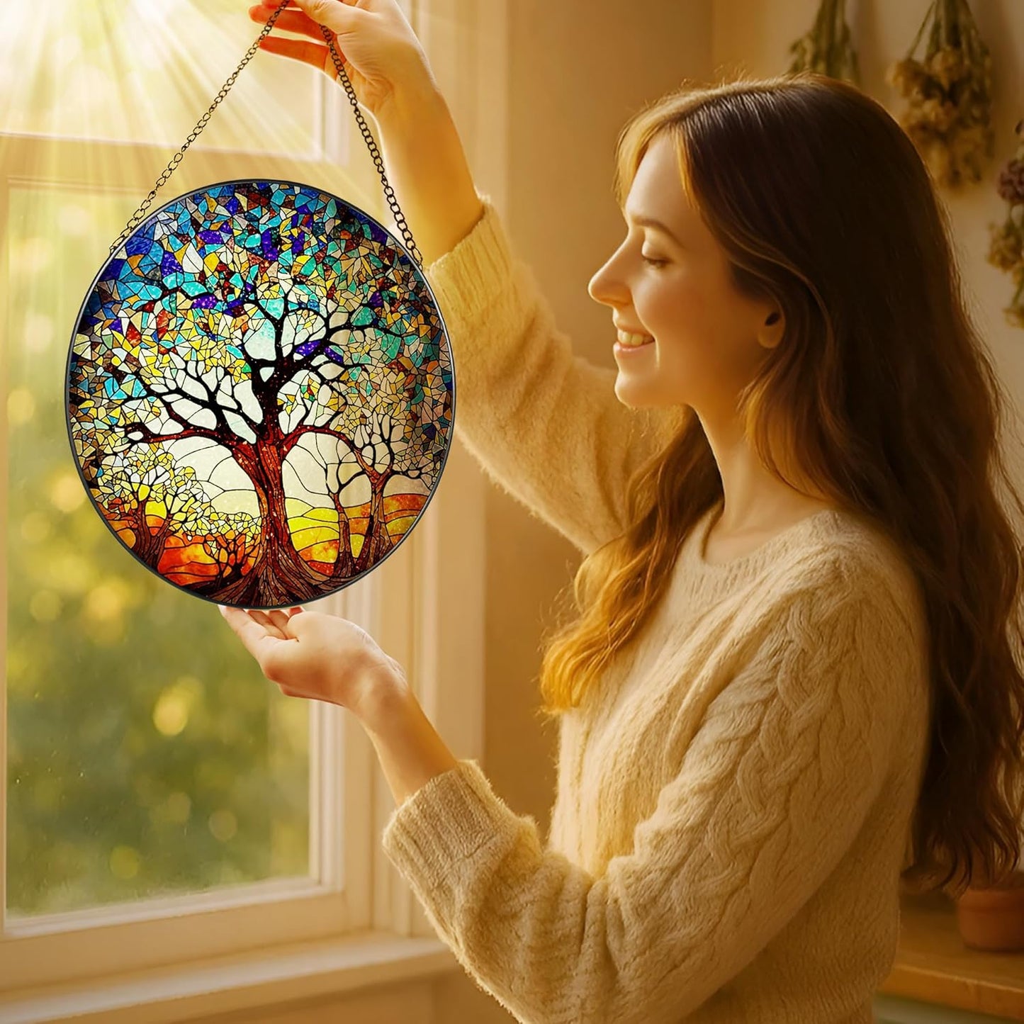 Stained Glass Window Hanging, LAOWEIKI 8'' Tree of Life Suncatcher, Stained Glass Ornament, Suncatchers for Windows Hanging, Window Decor, Outdoor or Indoor, Gifts for Women, Lovers, Couple, Friends-VerdiqueGarden