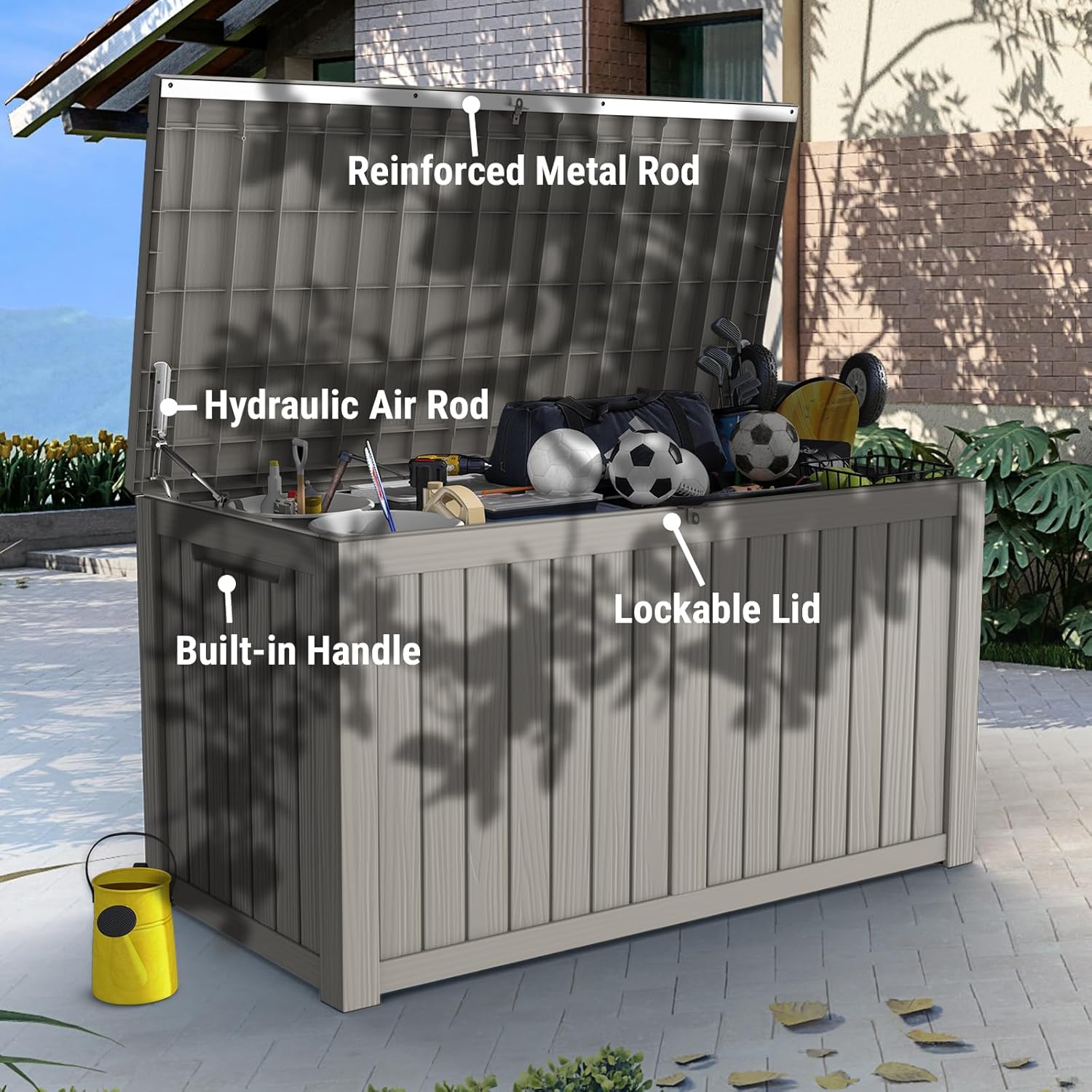 Mars Villa 180 Gallon Outdoor Storage Box Waterproof, Extra Large Resin Deck Box, Outside Storage Bin for Patio Furniture Cushion, Pool Supply, Sports Gear, UV Resistant and Weatherproof, Greige-VerdiqueGarden