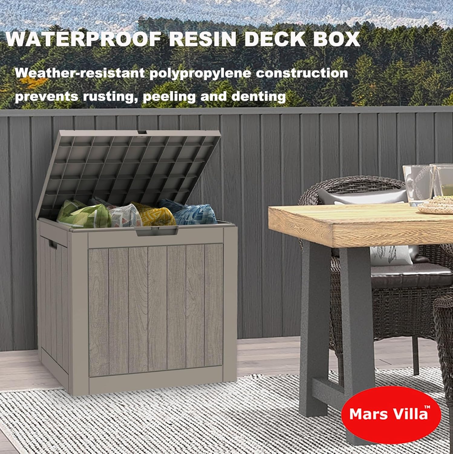 Mars Villa 31 Gallon Deck Box, Outdoor Storage Box Waterproof, Outside Resin Storage Bin for Outdoor Patio Furniture Cushions, Pool Supplies, Garden Tools, UV-Resistant and Weatherproof, Light Brown-VerdiqueGarden