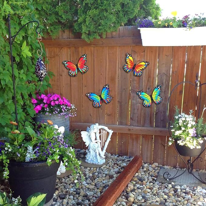 Oraytteo Metal Butterfly Outdoor Wall Decor - 4 Pack 9.8in Metal Butterflies Fence Art Decoration, Indoor Outdoor Patio Backyard Garden Decorations, Gift for Mom Dad Friends-VerdiqueGarden